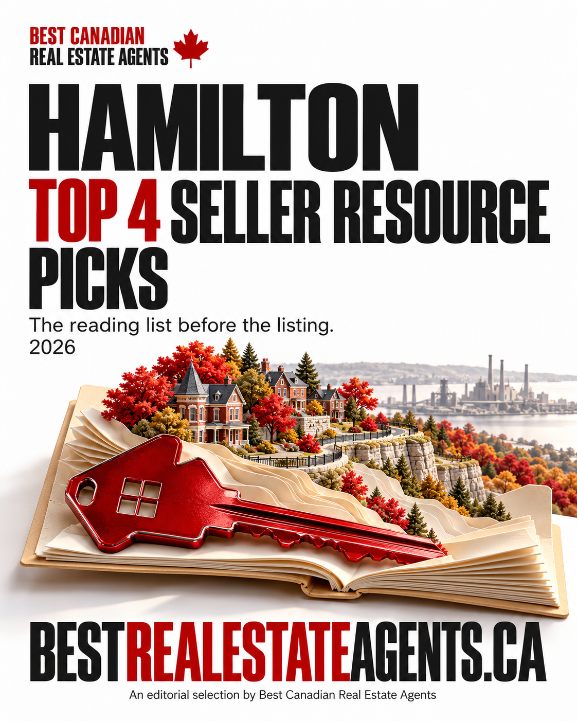 Hamilton Top 4 seller-resource picks,2026. The reading list before the listing. Original imagined red house key and open paper file unfolding into miniature brick homes and an escarpment. Conceptual artwork, not an actual listing or survey.