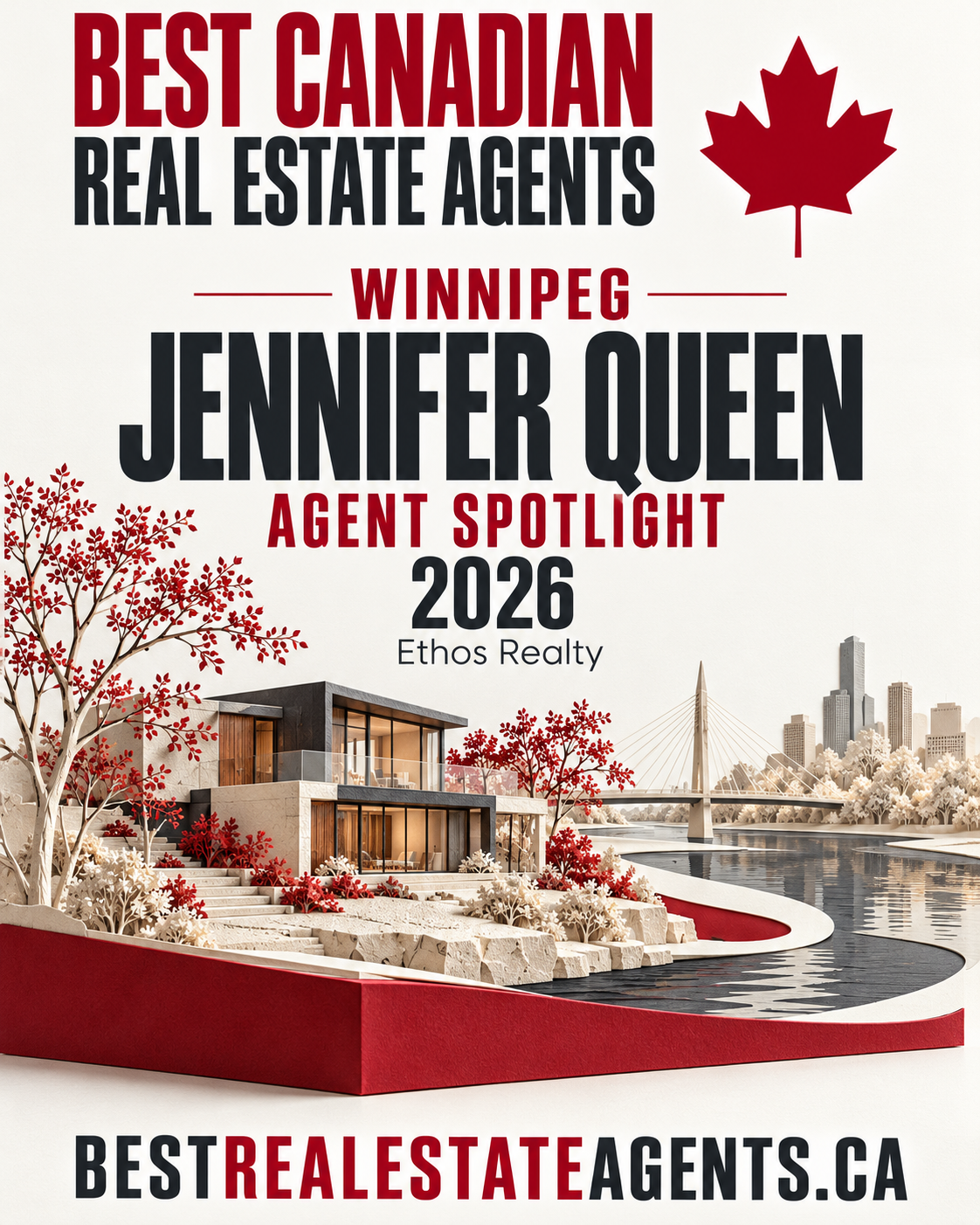 Winnipeg agent spotlight,2026. Jennifer Queen, Ethos Realty. Original red, white and charcoal city-inspired collectible illustration; publication masthead and BestRealEstateAgents.ca wordmark. No recipient portrait.