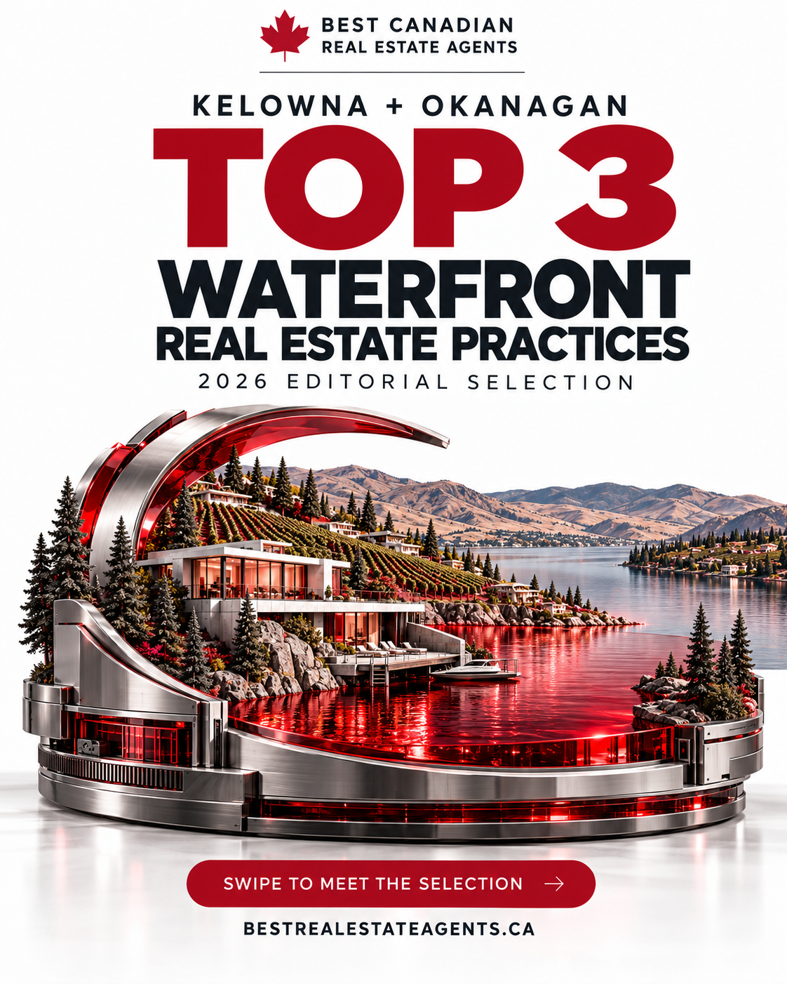 Kelowna + Okanagan: Top 3 Waterfront Real Estate Practices, 2026 Editorial Selection. Original conceptual lakeshore architecture, vineyards and red glass water on a sculptural display.