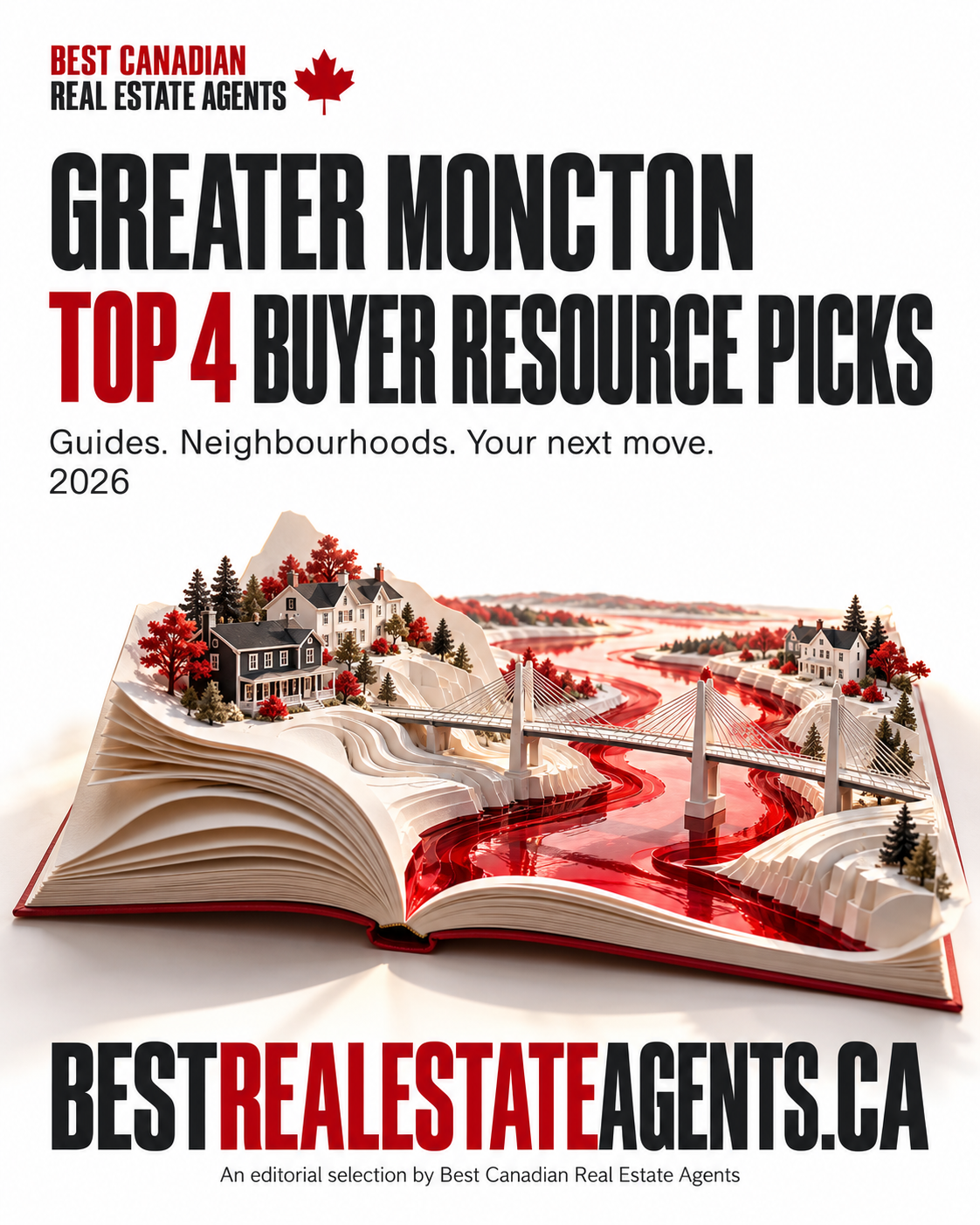 Greater Moncton Top 4 buyer resource picks,2026. Guides, neighbourhoods and your next move. Original imagined open guidebook sculpture with a red tidal river, bridge and miniature homes. No actual building or geographic map depicted. Best Canadian Real Estate Agents.