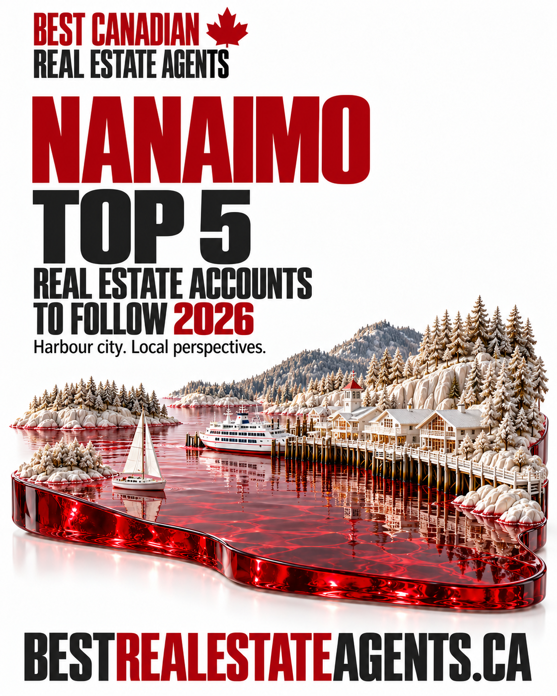Nanaimo Top 5 real estate accounts to follow,2026. Original imagined white landscape sculpture with ruby-red glass water; no actual property or recipient portrayed. Best Canadian Real Estate Agents. Editorial selection.