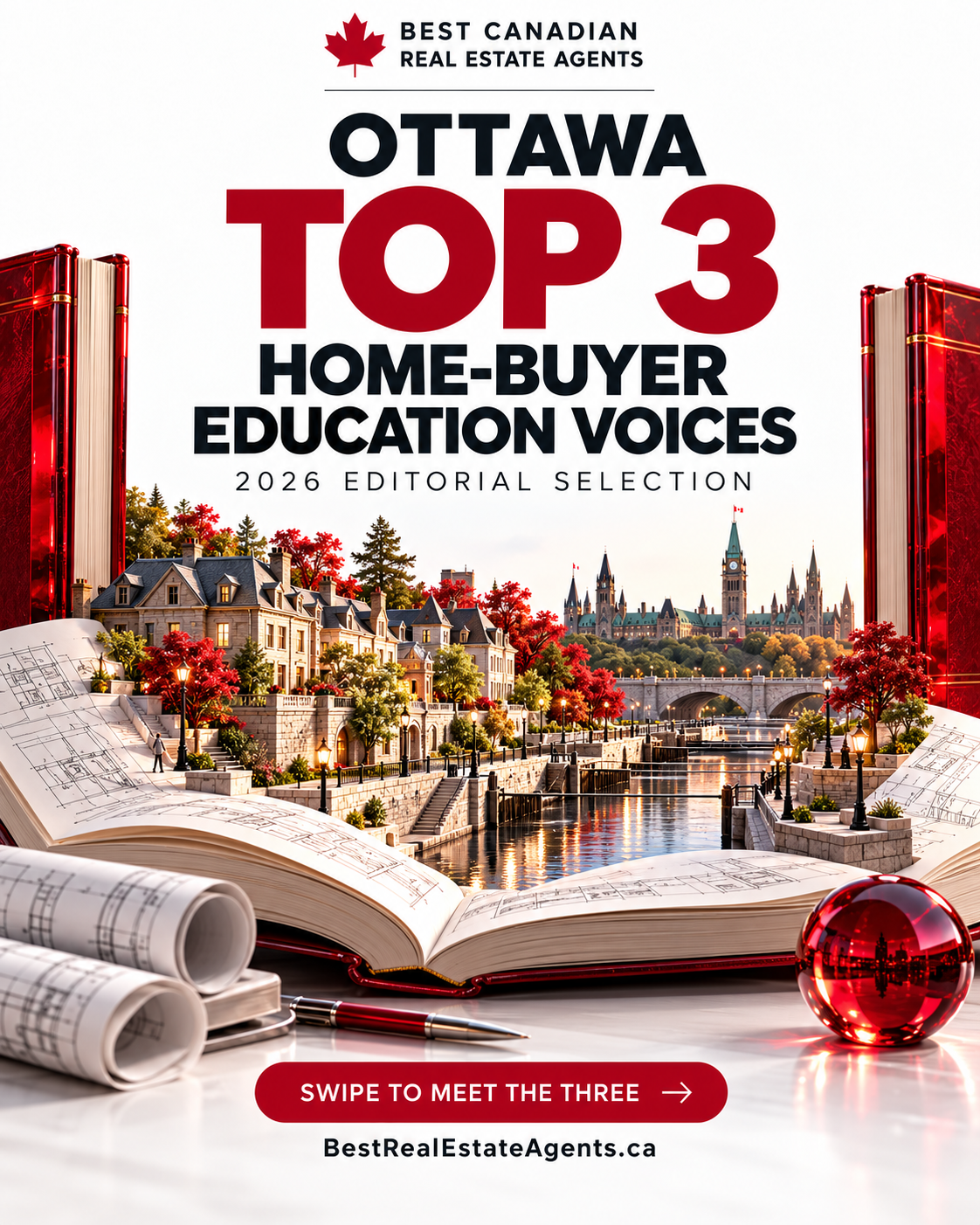 Ottawa: Top 3 Home-Buyer Education Voices, 2026 Editorial Selection. An original open-book sculpture becomes imagined canal-side homes and an Ottawa-inspired skyline.