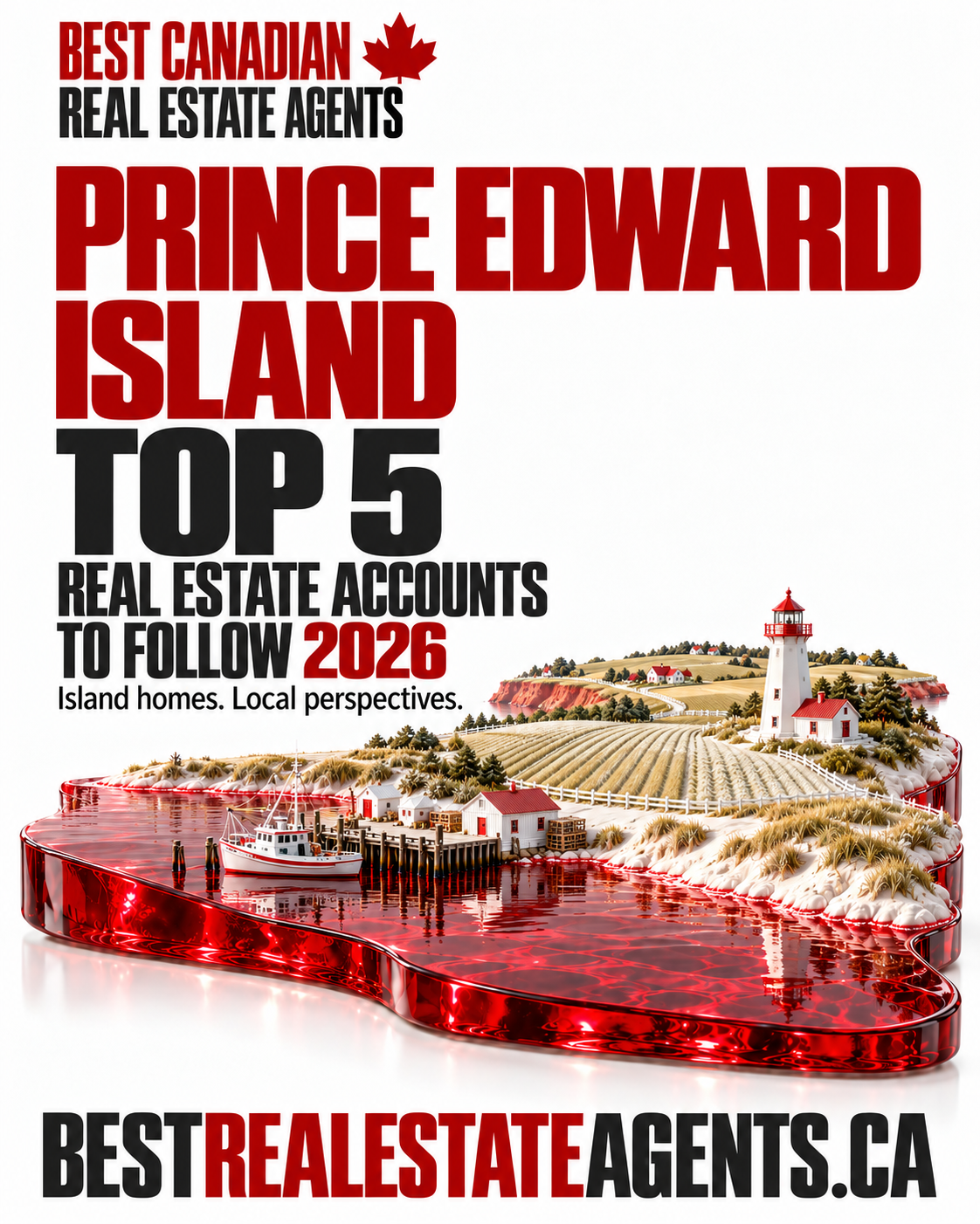Prince Edward Island Top 5 real estate accounts to follow,2026. Original imagined low rolling Island farmland, coastal dunes, harbour and lighthouse sculpture with ruby-red glass water; no actual property or recipient portrayed. Best Canadian Real Estate Agents. Editorial selection.