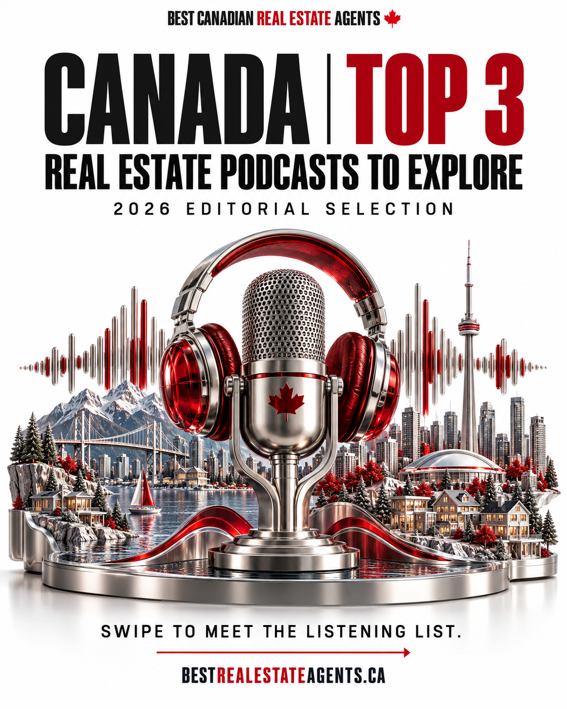 CANADA. TOP 3. REAL ESTATE PODCASTS TO EXPLORE. 2026 EDITORIAL SELECTION. SWIPE TO MEET THE LISTENING LIST. Original conceptual architecture and collectible artwork created with AI; imagined properties.