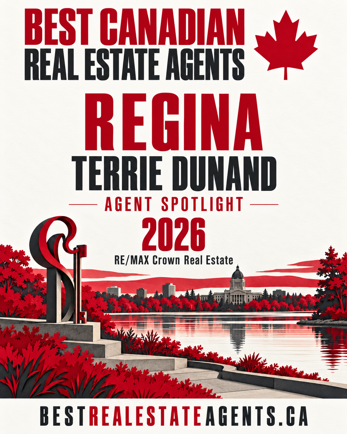Regina agent spotlight,2026. Terrie Dunand, RE/MAX Crown Real Estate. Original red, white and charcoal city-inspired collectible illustration; publication masthead and BestRealEstateAgents.ca wordmark. No recipient portrait.