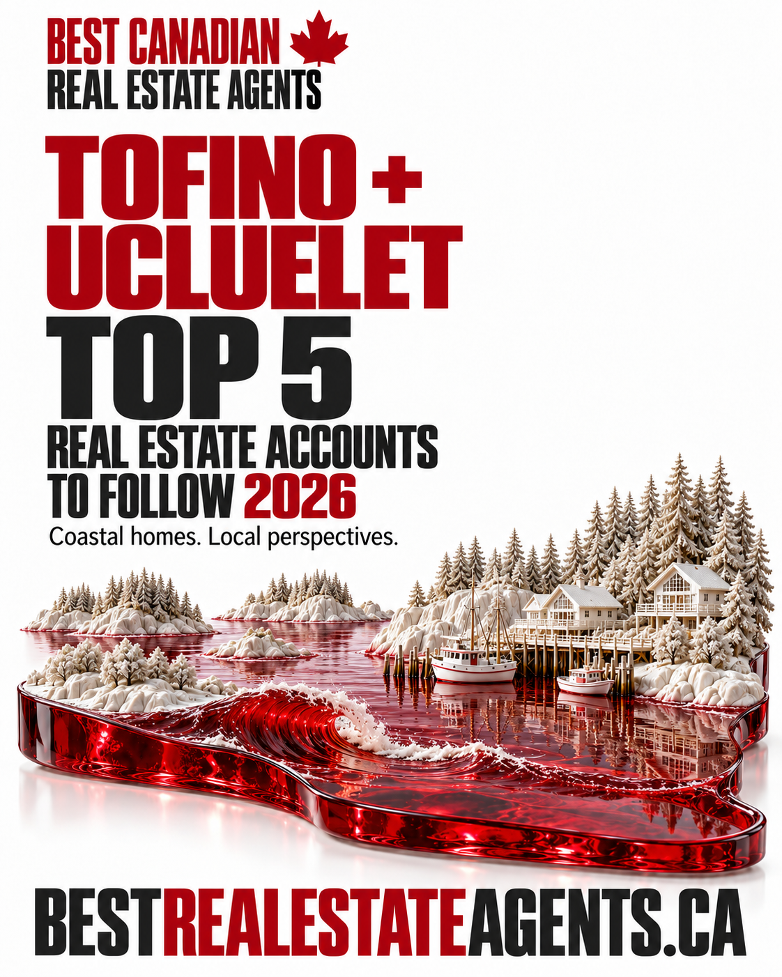 Tofino + Ucluelet Top 5 real estate accounts to follow,2026. Original imagined white landscape sculpture with ruby-red glass water; no actual property or recipient portrayed. Best Canadian Real Estate Agents. Editorial selection.