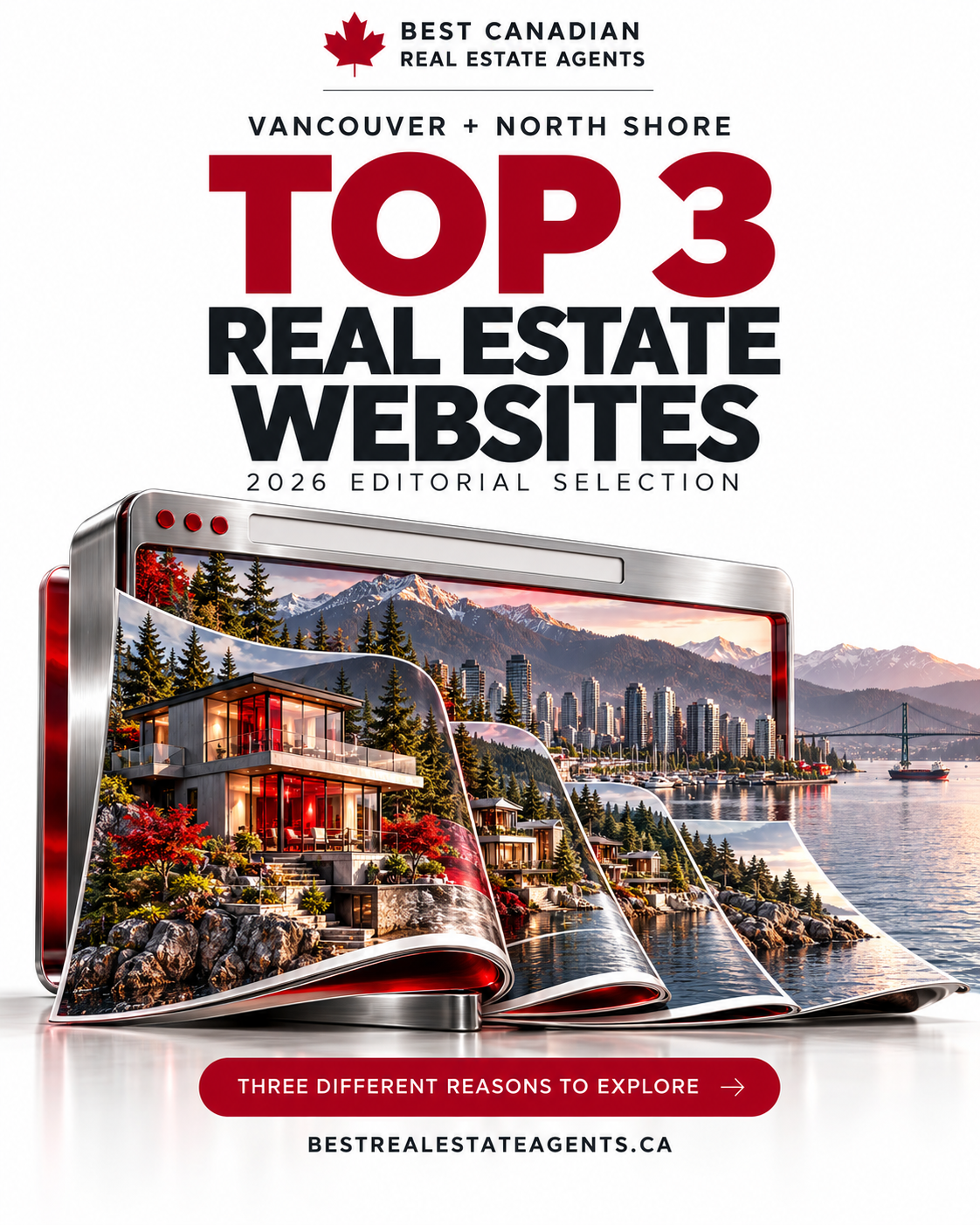 Vancouver + North Shore: Top 3 Real Estate Websites, 2026 Editorial Selection. An original sculptural browser window opens into coastal homes and architecture pages. Three different reasons to explore.